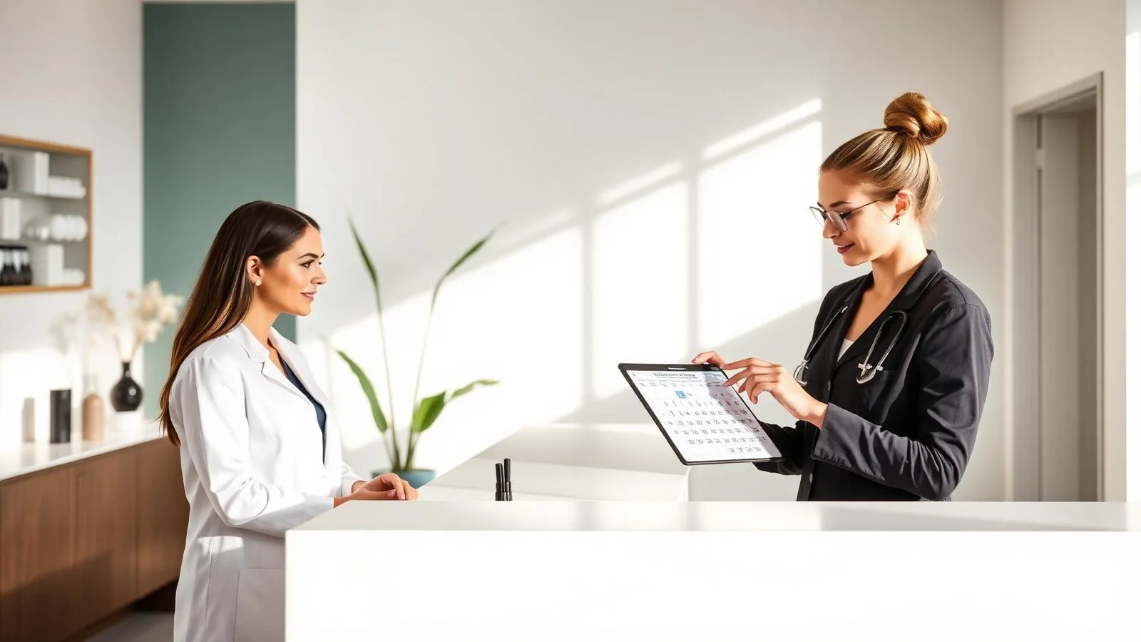 Med spa coordinator and clinician at a bright reception desk reviewing a tablet calendar filled with confirmed patient consultations