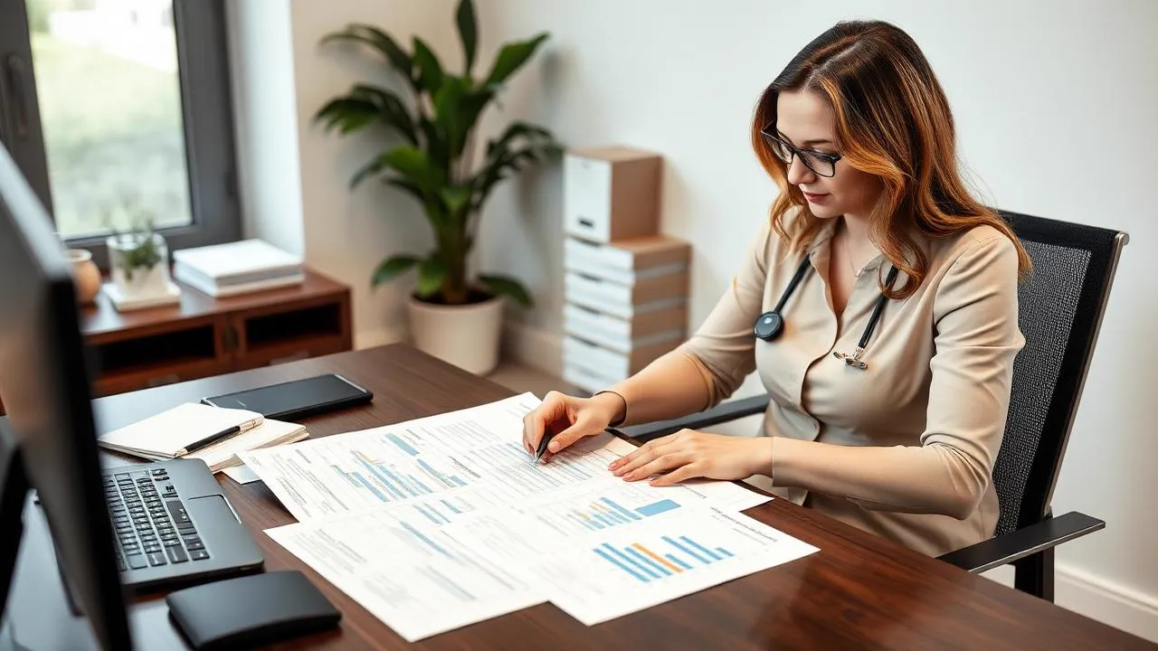 Med spa owner reviewing a financial business plan with charts and spreadsheets at a desk