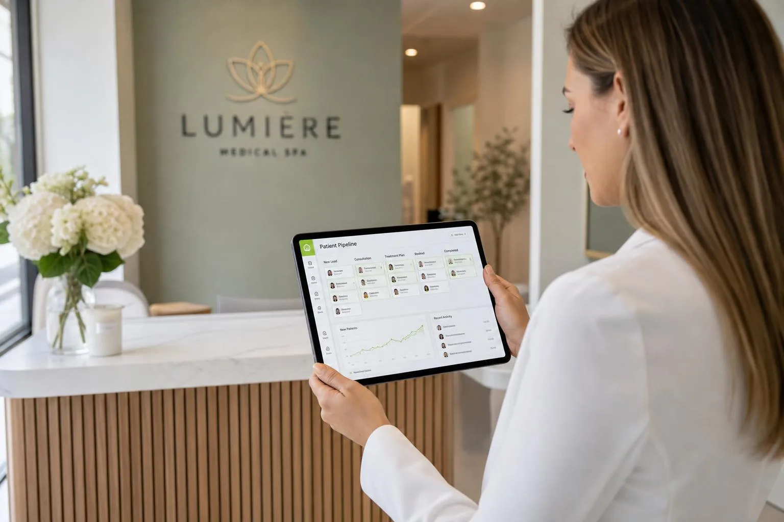 Med spa practice manager at a bright clinic reception desk reviewing a patient pipeline and automated follow-up dashboard on a tablet