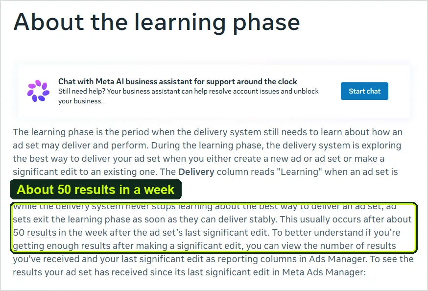 Meta Business Help Center page About the learning phase, highlighting that ad sets usually exit learning after about 50 results in the week after the last significant edit