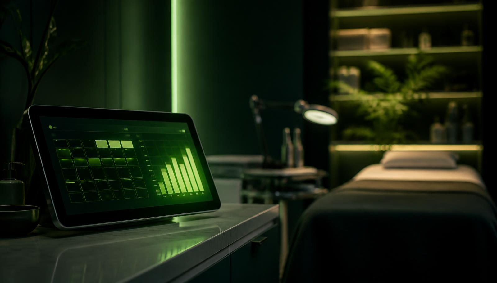 Dimly lit modern med spa treatment room with a tablet on the counter showing an appointment schedule grid and rising performance bars in green light
