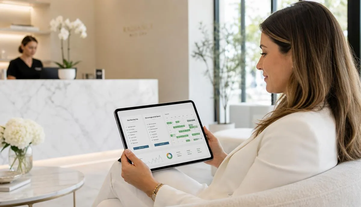 Med spa clinic owner reviewing a marketing agency fee comparison dashboard on a tablet showing flat fee versus percentage of ad spend columns with a full appointment calendar