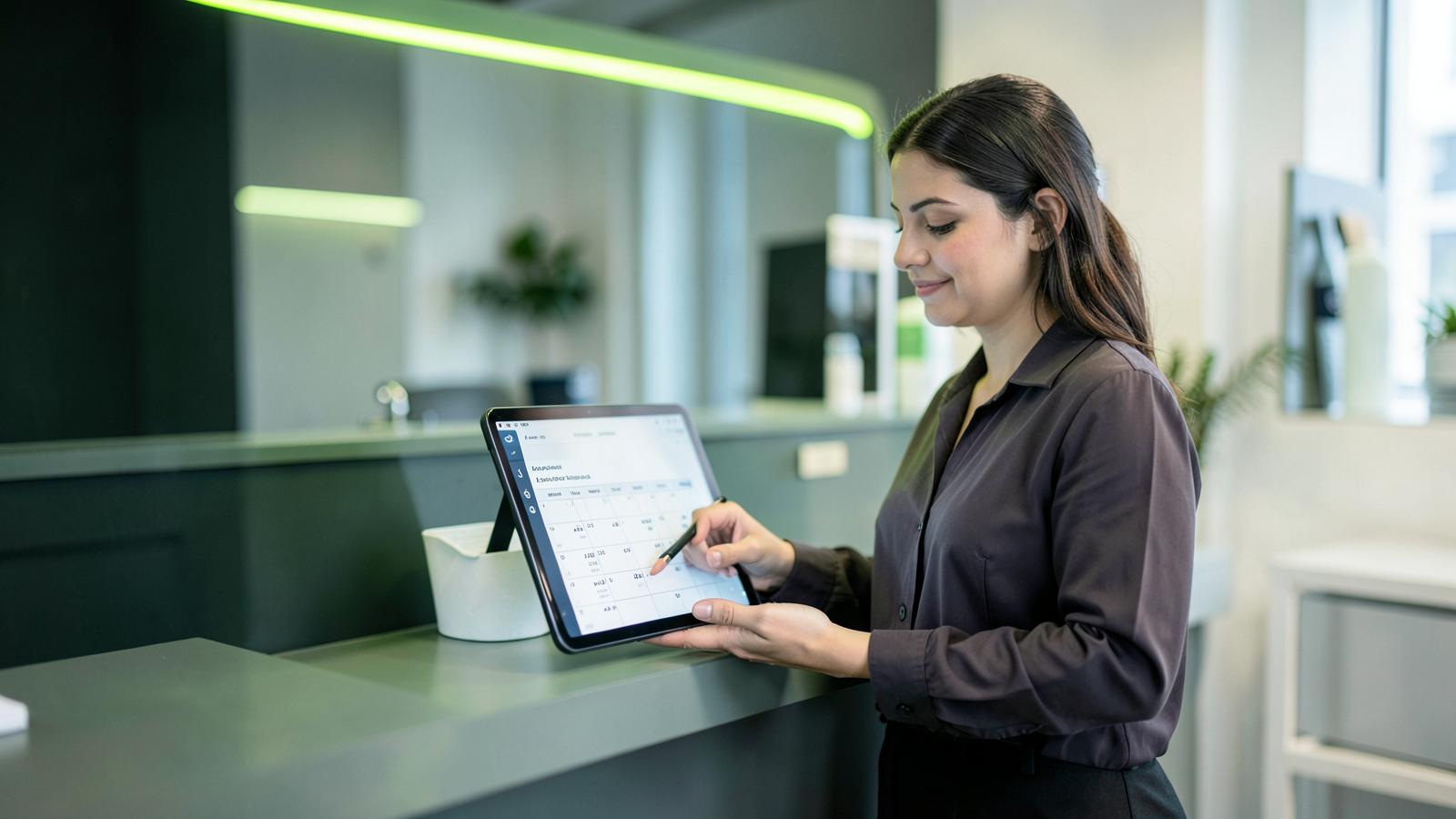 Med spa coordinator reviewing a fully booked appointment calendar on a tablet at a bright clinic reception desk