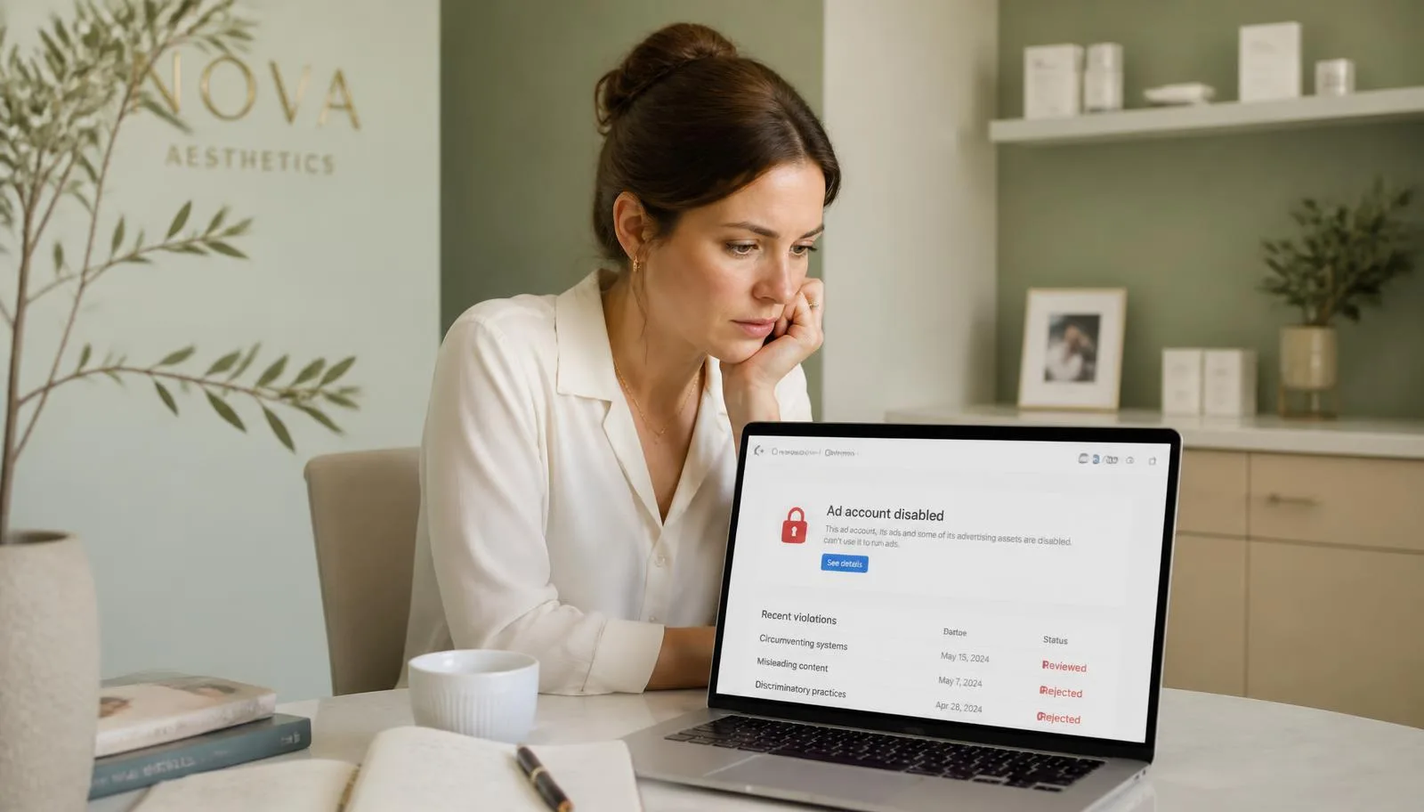 Med spa marketing manager reviewing a disabled Meta ad account on a laptop in a clinic office