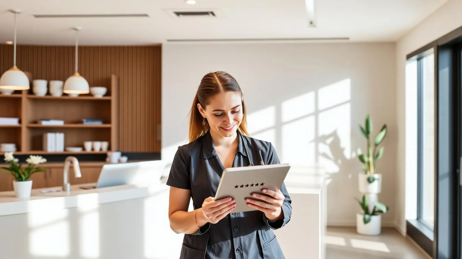 Med spa practice manager standing at a bright clinic reception desk reviewing five-star patient reviews on a tablet dashboard