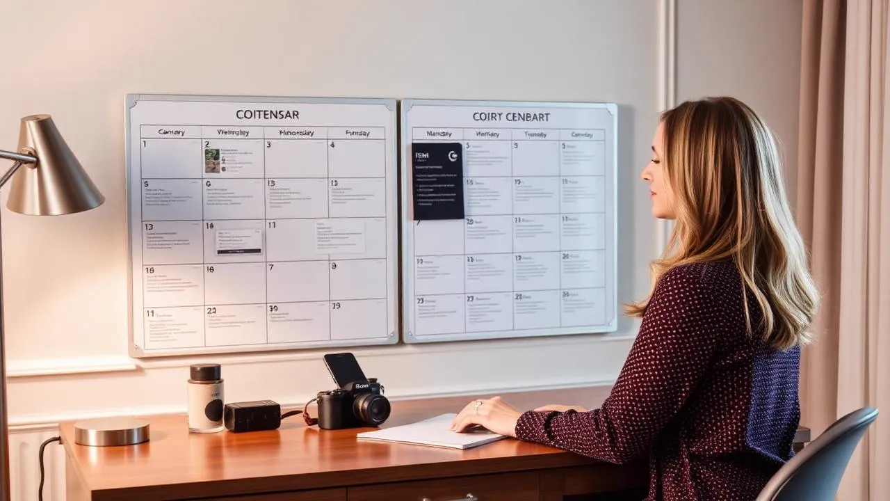 Marketing manager planning a med spa content calendar on a wall board
