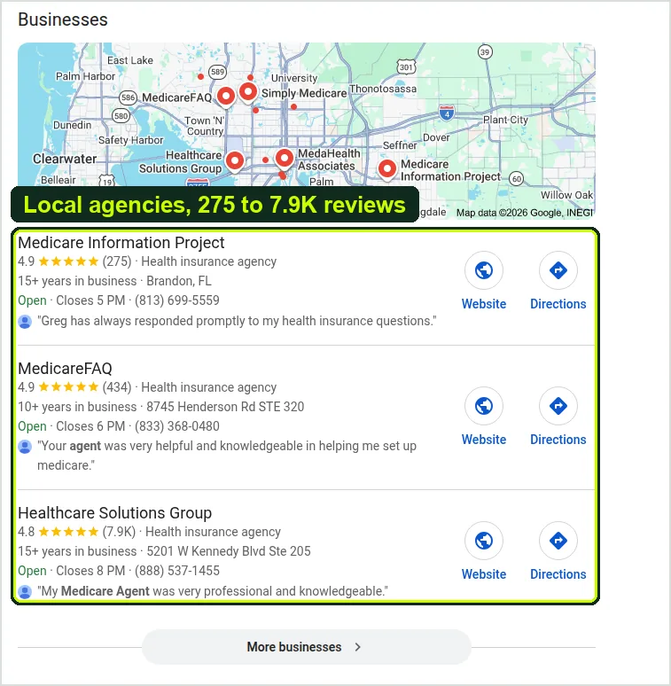 Google results for medicare agent near me in Tampa, Florida: a map pack with three local Medicare agencies rated 4.8 to 4.9 stars with 275, 434 and 7,900 reviews