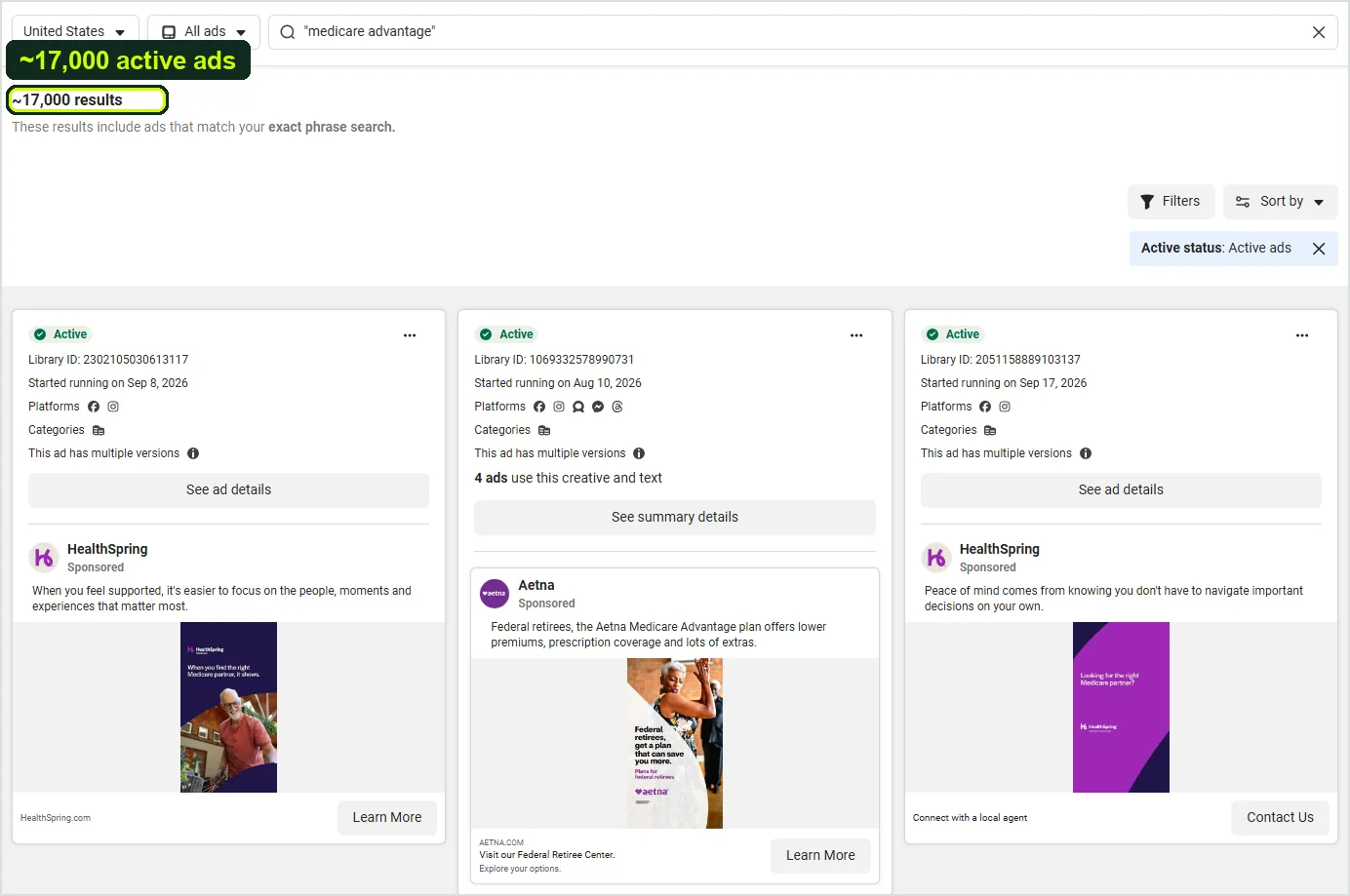 Meta Ad Library exact-phrase search for medicare advantage showing about 17,000 active US ads, including HealthSpring and Aetna ads that started running in August and September 2026