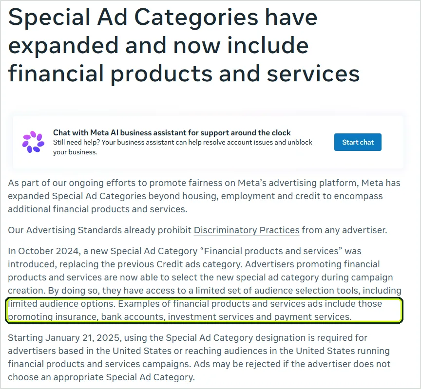 Meta Business Help Center article stating that financial products and services ads include those promoting insurance, bank accounts, investment services and payment services