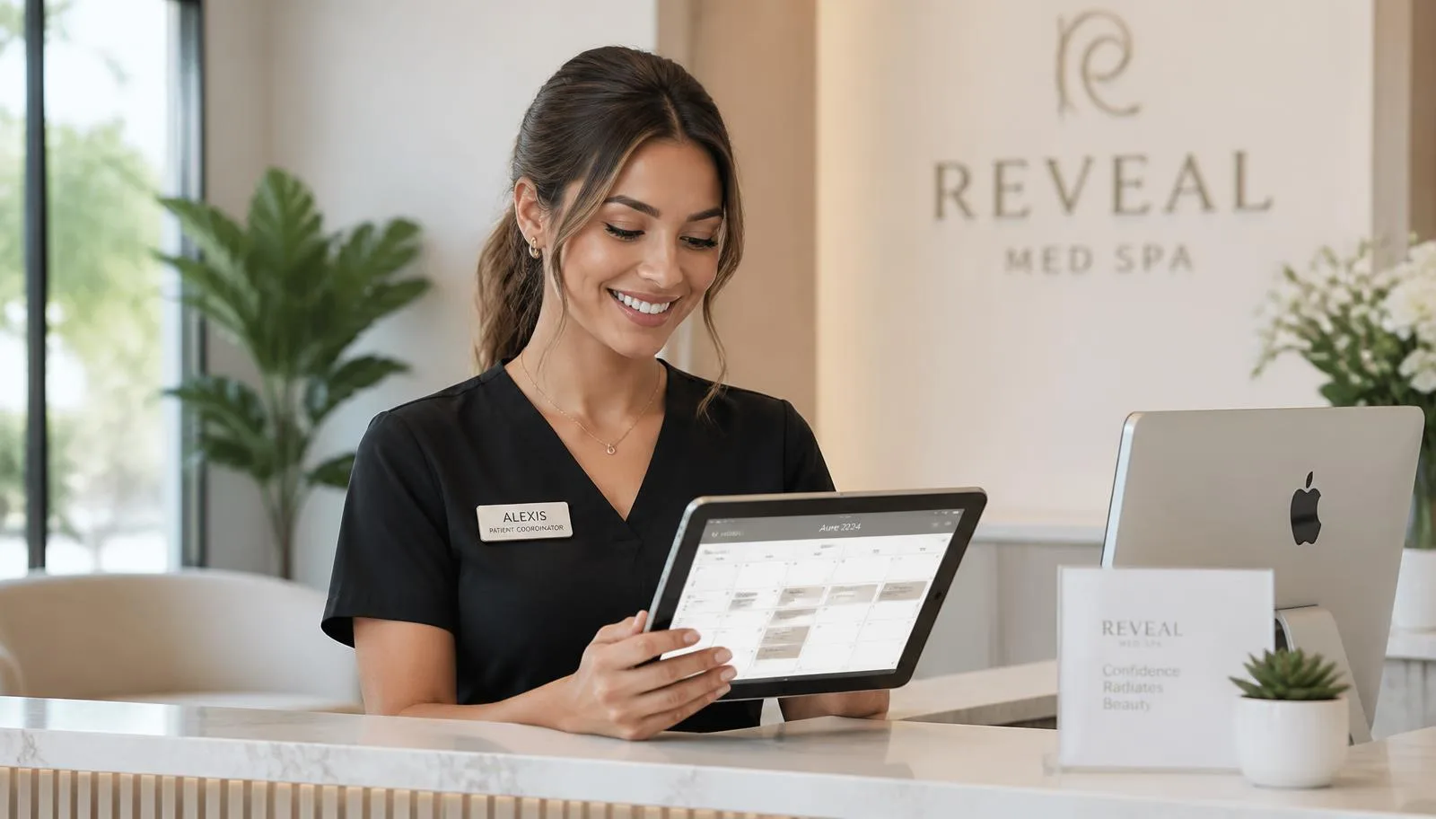 Med spa patient coordinator at a bright clinic reception desk reviewing a tablet booking calendar full of confirmed consultation appointments