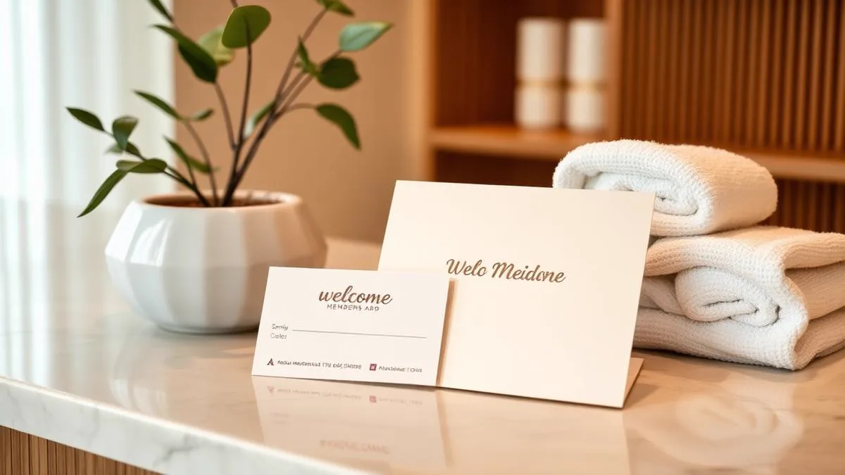 Membership card and welcome folder on a spa reception counter with towels and a plant