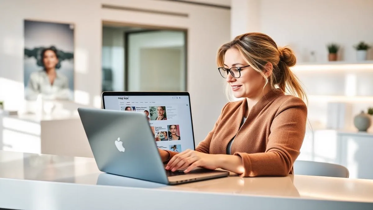 Med spa owner reviewing local search results on a laptop at a clinic reception desk