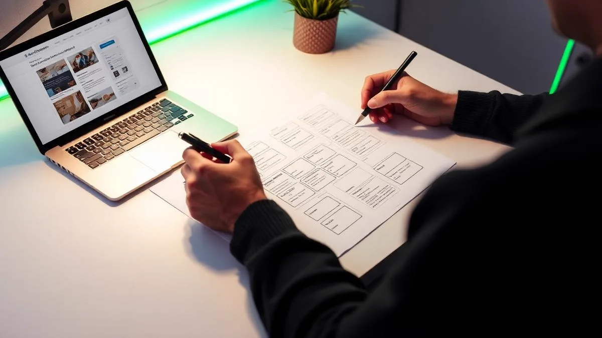 Designer sketching a website wireframe next to a laptop on a minimal desk