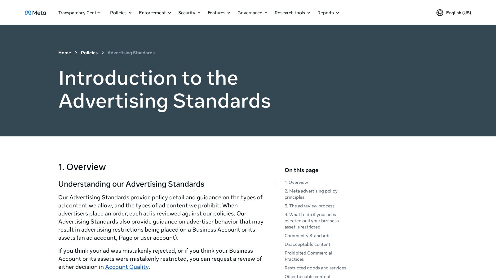 Meta Transparency Center page introducing the Advertising Standards