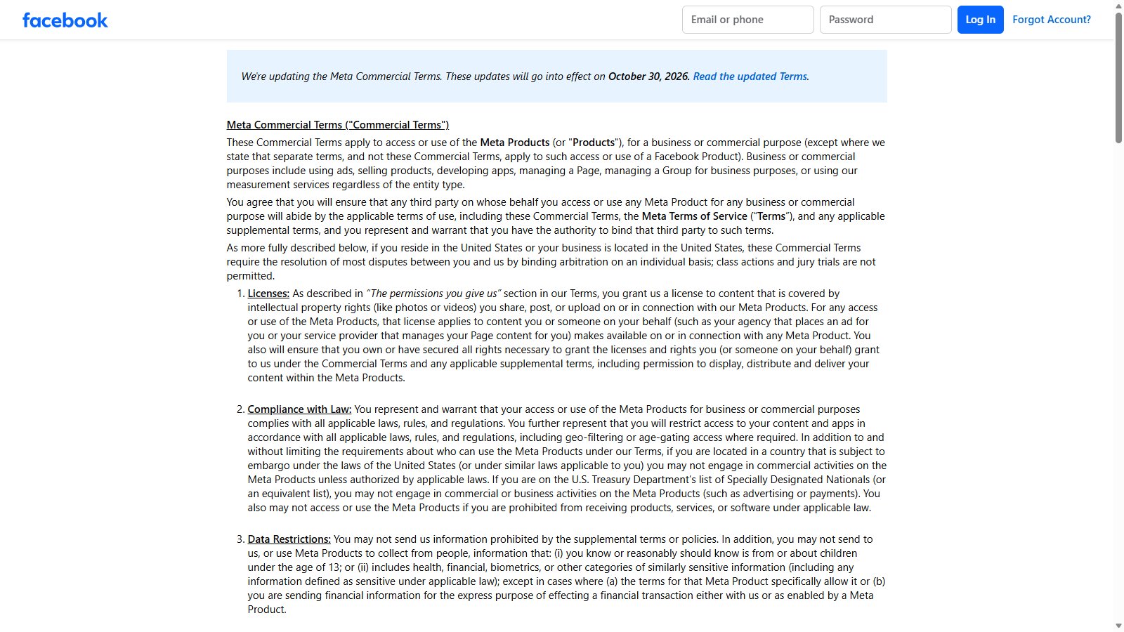Screenshot of Meta's Commercial Terms page showing a banner that updates take effect on October 30, 2026