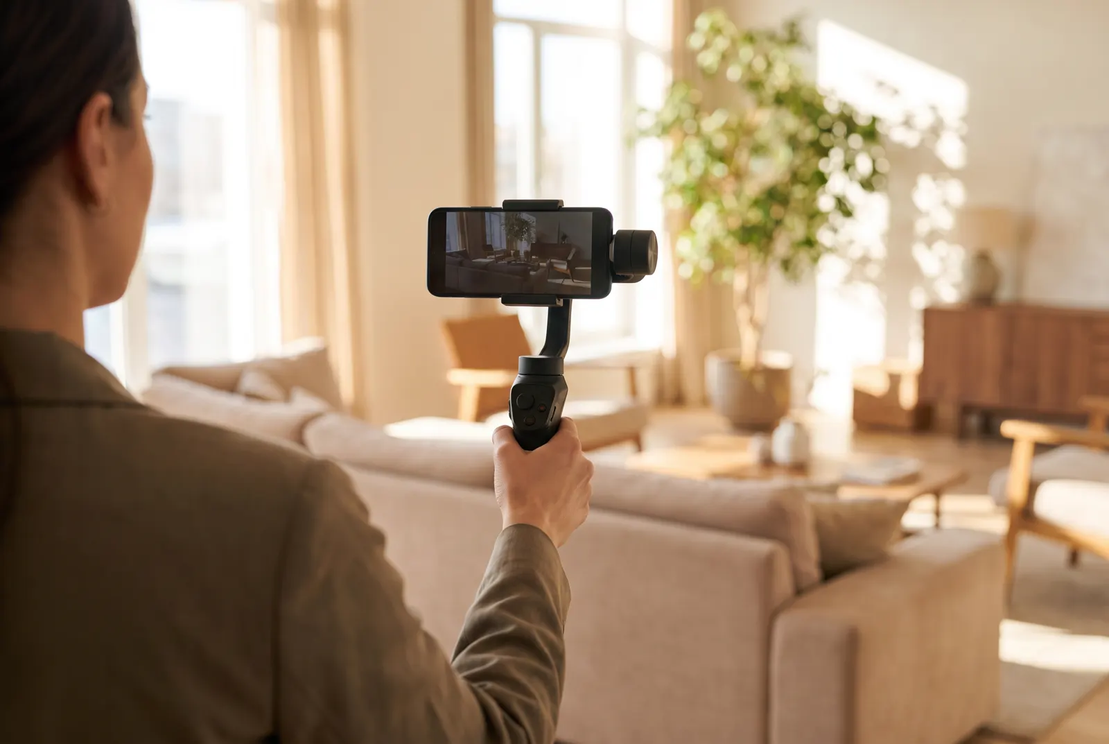 Real estate agent filming a short walkthrough video of a sunlit living room on a phone mounted on a gimbal