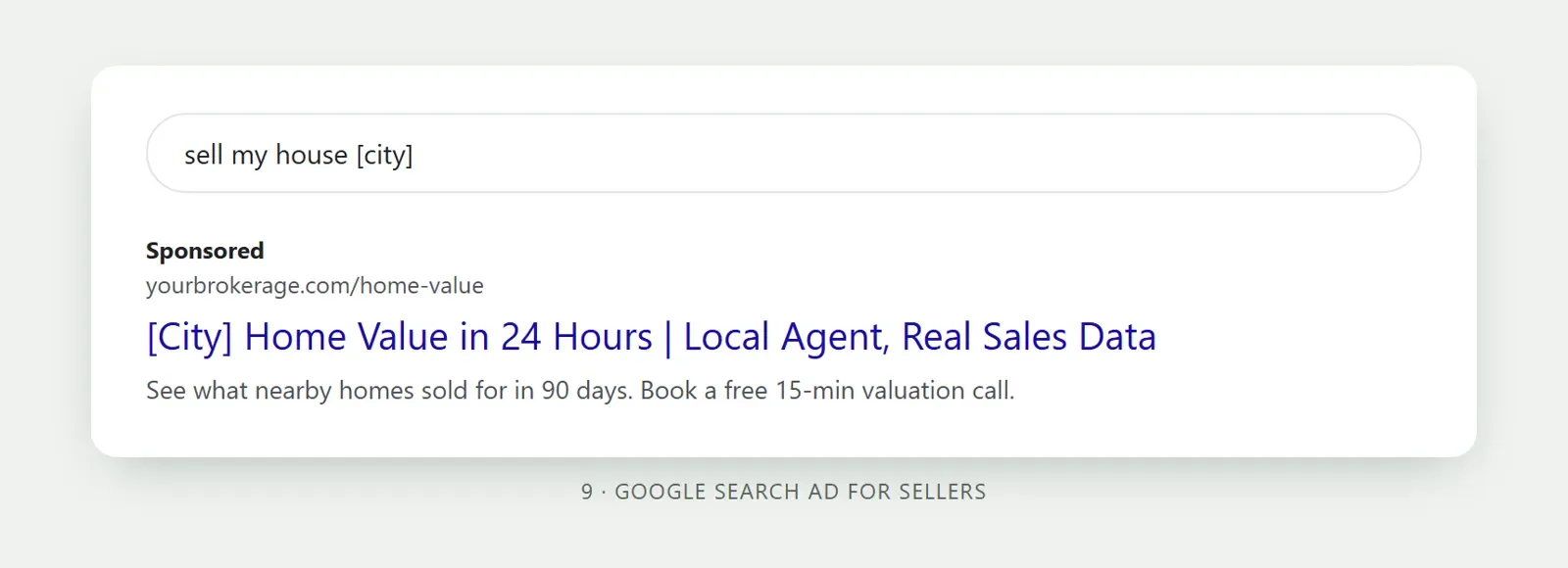 Illustrative Google search ad for the query sell my house with a home value headline and a booking call description