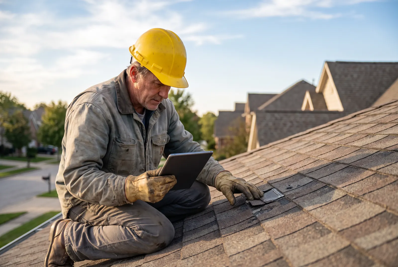 Roofer in a hard hat inspecting asphalt shingles on a residential roof with a tablet in hand