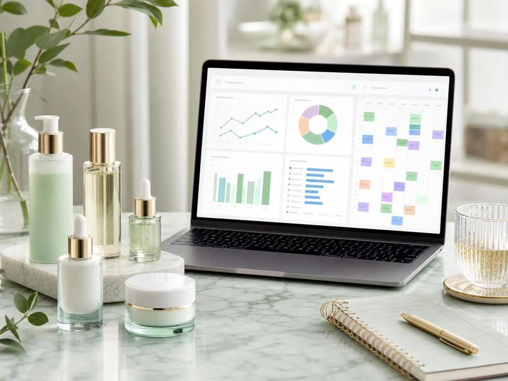 Flat lay of premium skincare serum bottles and droppers on mint marble beside a laptop showing ad campaign analytics and a booked appointment calendar
