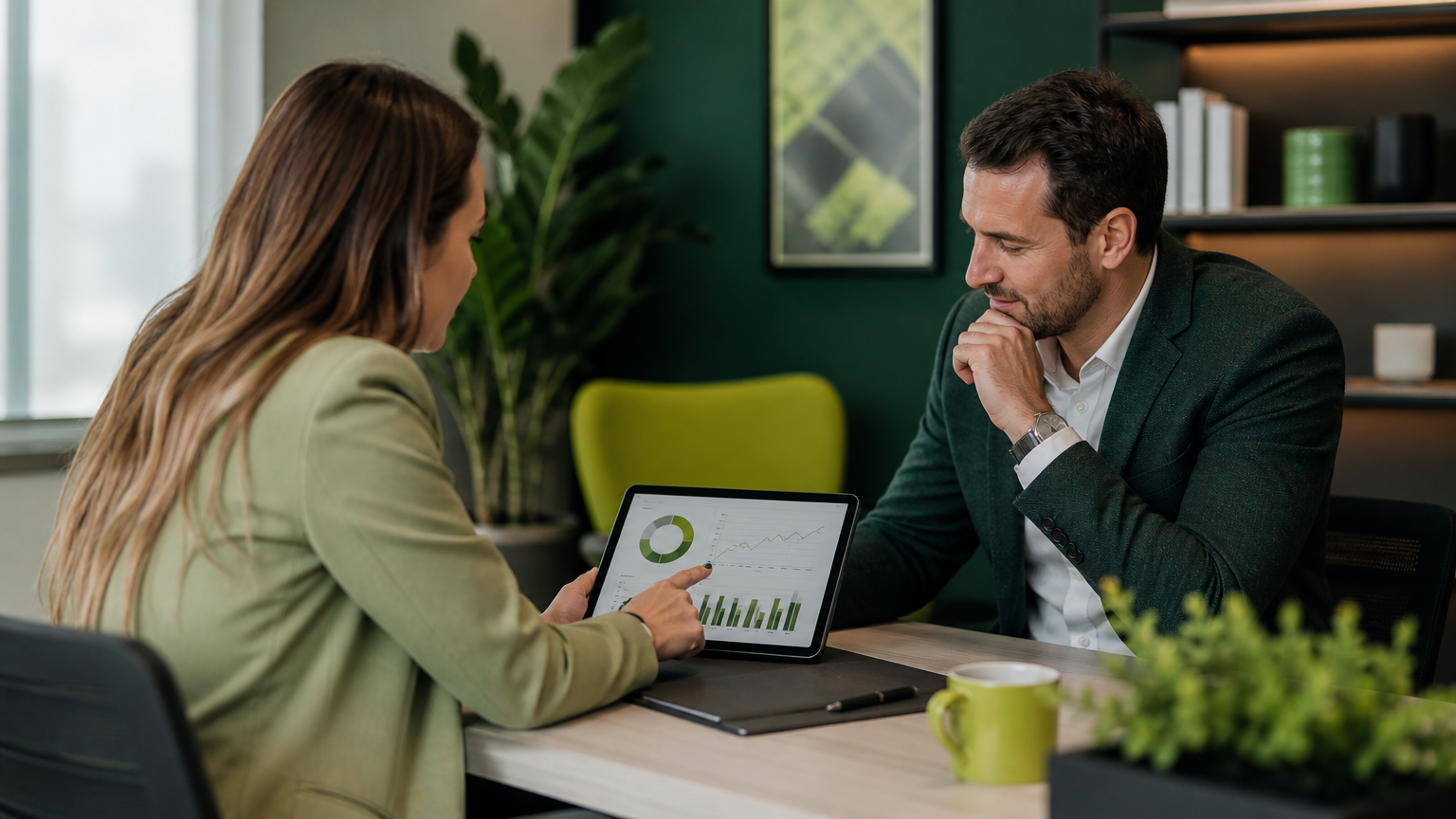 Real estate agent and marketing consultant reviewing a tablet analytics dashboard together at a modern office desk
