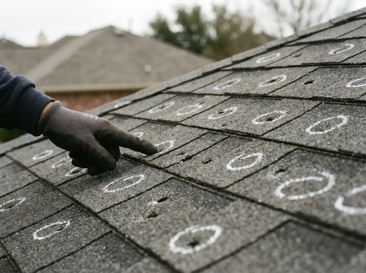 Gloved hand pointing at hail damage marked with chalk circles on roof shingles