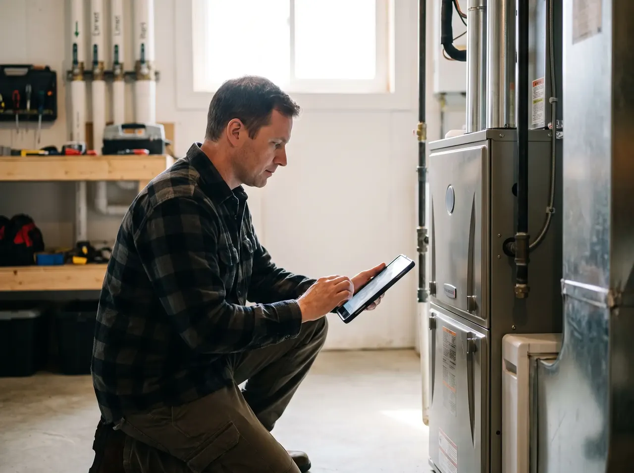 HVAC technician inspecting a gas furnace in a basement with a tablet