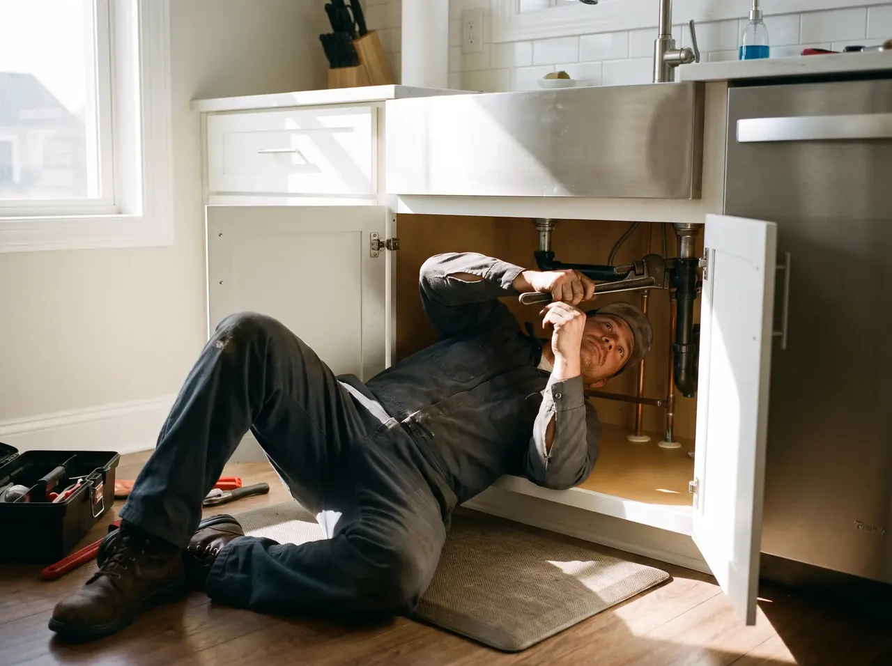 Plumber repairing pipes under a kitchen sink
